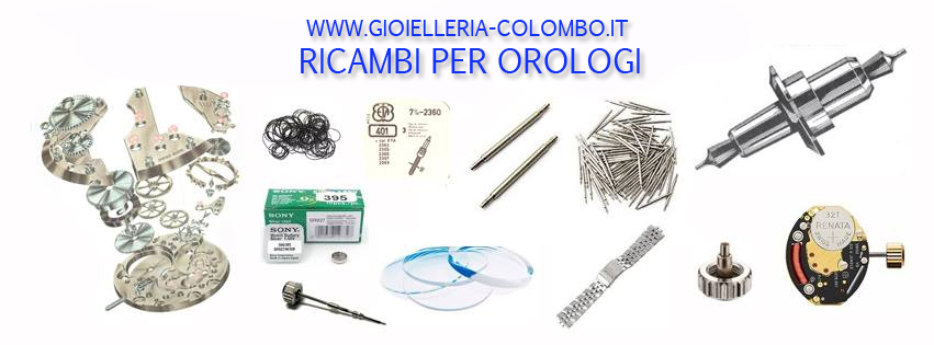 RICAMBI PER OROLOGI. L'orologio meccanico. Organi essenziali ed ausiliari dell'orologio. Dal punto di vista funzionale, l'orologio meccanico moderno e' costituito da 4 organi essenziali e da piu' organi ausiliari. Gli organi essenziali sono: l'organo regolatore (pendolo e sistema bilanciere spirale) che hanno il compito di determinare con le loro oscillazioni quell'intervallo di tempo, di durata la piu' possibile costante che viene assunta come campione per la misura del tempo. RICAMBI PER OROLOGI DA POLSO. Lorgano distributore (scappamento) il quale ha 2 funzioni: A - distribuire sotto forma di impulsi periodici all'organo regolatore, l'energia motrice ricevuta da una ruota detta ruota dello scappamento. B - Contare il numero di oscillazioni compiute dall'organo regolatore trasformandone il moto oscillatorio in moto rotatorio periodicamente uniforme alla ruota scappamento. L'organo trasmettitore (ruotismo) che ha anch'esso 2 compiti: A - Trasmettere l'energia motrice alla ruota scappamento aumentando contemporaneamente la veloita' di rotazione. B - Contare il numero di giri della ruota scappamento indicandone il numero o meglio, il tempo corrispondente su appositi quadranti per mezzo di una o due lancette (lancetta dei minuti e lancetta dei secondi). L'organo motore (peso, molla) che ha il compito di generare l'energia motrice occorrente per tenere in movimento l'orologio. L'energia erogata viene restituita mediante la carica (manuale,automatica, elettrica, ecc.). RICAMBI PER OROLOGI. Gli organi ausiliari non sempre presenti sono: la minuteria, che ha il compito di ridurre la velocita' delle lancetta minuti comunicando il moto alla lancetta delle ore (raporto 12/1). Gli organi di carica i quali hanno il compito di rendere possibile e facilitare la carica dell'organo motore. Gli organ di registrazione dell'ora, detti piu' semplicemente di messa all'ora, che hanno il compito di rendere possibile e facilitare la registrazione della posizione delle lancette in caso di arresto dell'orologio o di errori nella loro posizione. Complicazioni. Forniscono delle indicazioni sussidiarie per mezzo di lancette supplementari (cronografi, orologi, calendari ecc.) o di suoni (suonerie, sveglie, ecc). RICAMBI PER OROLOGI DA POLSO. Cassa quadrante lancette. Osservando la composizione dell'orologio da punto di vista costruttivo, si nota innanzitutto procedendo dall'esterno, la cassa, generalmente in metallo per gli orologi portatili ed in legno per le pendole. Talvolta la cassa per la preziosita' del materiale che la compone o per la ricercatezza dei fregi o degli ornamenti di cui e' decorata, puo' dare grande valore all'orologio indipendetemente dal valore del movimento. Pero' anche se un riparatore coscienzioso deve dedicare alla cassa come pure al quadrante e alle lancette, tutta l'attenzione che meritano, questi organi non presentano particolari esigenze che possano formare oggetto di studio teorico. Si giunge cosi' al movimento di cui esistono numerosissimi tipi di forme e composizioni diverse, secondo l'uso cui e' destinato, secondo l'estro dei costruttorie la maggiore o minore accuratezza della costruzione, in relazione al prezzo di vendita che il fabbricante vuol realizzare. Orologi fissi e portatili. Si puo' fare una prima suddivisione tra gli orologi fissi (quelli a pendolo) e gli orologi portatili (quelli a bilanciere), benche' di questi ultimi esistano talvolta dei tipi che per la composizione e l'uso normale, possono rientrare nella prima categoria. RICAMBI PER OROLOGI. Pendole. Nelle pendole il movimento viene generalmente sostenuto da una piastra supporto, fissata al fondo della cassa che per mezzo del ponte sospensione e delle mensole riportati o fusi in un sol pezzo sostiene rispettivamente il pendolo e il movimento. Questo a sua volta e' composto dalle 2 platine mantenute parallele e dalla distanza voluta da tre o quattro colonnie. In appositi fori eseguiti sulle platine ruotano i perni degli organi mobili. In altri tipi di pendole, la cassa sostiene direttamente la gabbia costituita dalle platine e dalle colonnine, in tal caso il ponte sospensione puo' esere sostenuto da un'altra parte della cassa o dalle platine stesse. Le platine generalmente in ottone, possono avere forme diverse, rettangolari, tonde, trapezoidali e possono essere traforate o piene. RICAMBI PER OROLOGI. Negli orologi portatili se si escludono le sveglie, la costruzione a 2 platine e' poco usata e generalmente esiste una sola platina, nella quale sono ricavati i fori per uno dei perni degli organi mobili. L'altro perno ruota in fori ricavati nei ponti che vengono fissati alla platina mediante viti. Ogni ponte puo' sostenere uno o piu' organi mobili prendedndo il nome da questi organi. Per esempio ponte del bilanciere, ponte dello scappamento, ponte del bariletto ecc. RICAMBI PER OROLOGI. Il calibro. La forma e le dimensioni della platina, il numero e la forma dei ponti, sono gli elementi che caratterizzano il calibro dell'orologio. Per calibro si intende la forma o il disegno formato dall'insieme dei ponti disposti sulla platina.